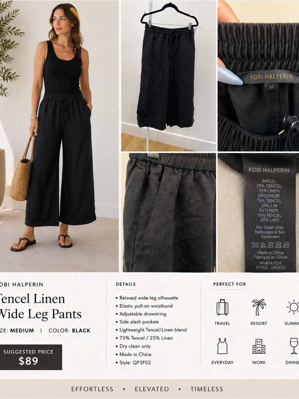 Kobi Halperin Black Tencel Linen Wide Leg Drawstring Pants Size M - Picture 5 of 5